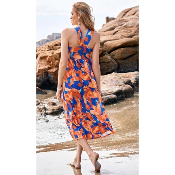 Grace Karin Womens Floral Print Halter Maxi Dress Size Small blue and orange - Picture 2 of 6